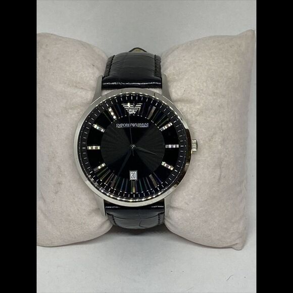 Emporio Armani AR-2411 Mens Black Leather Analog Dial Quartz Genuine Watch MP515 - Picture 1 of 12